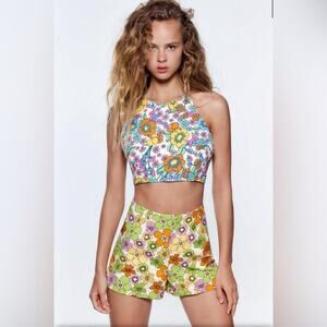 Zara Floral Retro Strappy Backless Crop Top - Size XS